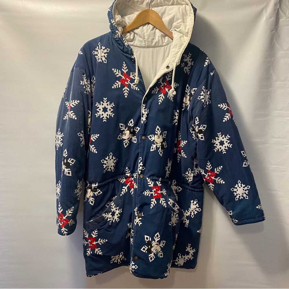Sz L- Women Disney Reversible Mickey Snowflake Patterned Blue Winter Coat